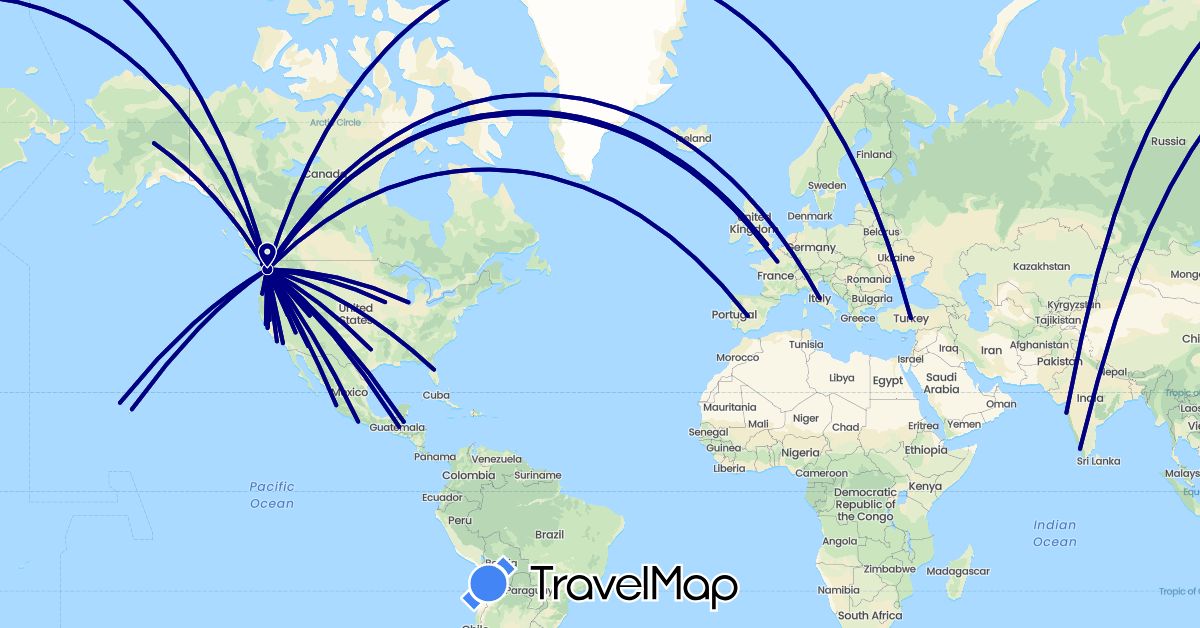 TravelMap itinerary: driving in Belize, Canada, Spain, France, United Kingdom, Guatemala, India, Italy, Mexico, Turkey, United States (Asia, Europe, North America)